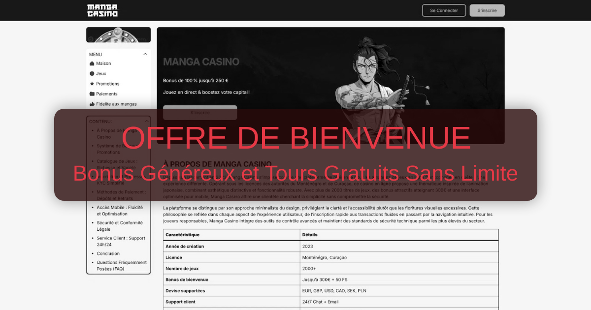 Manga Casino et son bonus réparti sur deux dépôts